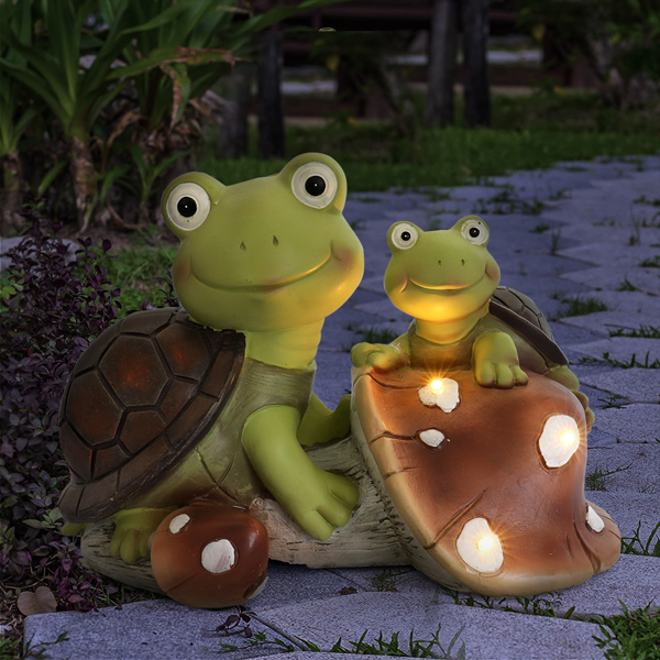 Garden Statue Cute Frog Face Turtles Figurines,Solar Powered Resin Animal Sculpture with 3 Led Lights for Patio,Lawn, Garden Decor