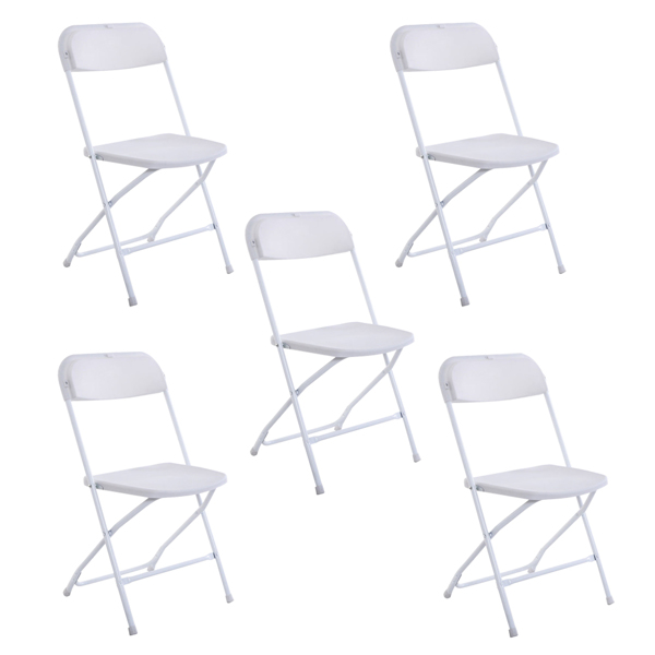 5 Pack White Plastic Folding Chair, Indoor Outdoor Portable Stackable Commercial Seat with Steel Frame 260lb. Capacity for Events Office Wedding Party Picnic Kitchen DiningNOT INCLUDE TABLE