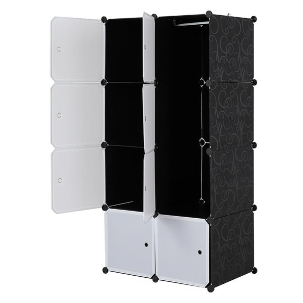 8 Cube Organizer Stackable Plastic Cube Storage Shelves Design Multifunctional Modular Closet Cabinet with Hanging Rod White Doors and Black Panels