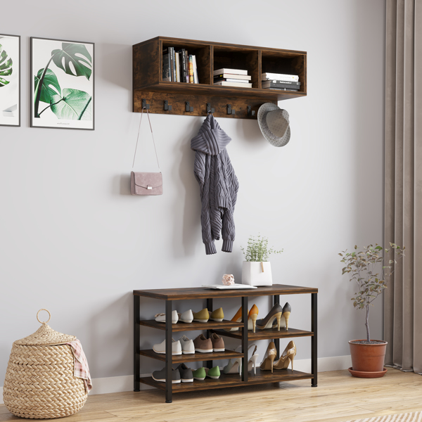 Coat Rack Shoe Bench Set, Hall Tree with Shoe Bench, Industrial Shoe Rack Bench with Coat Rack,  7 Hooks for Entryway, Hallway, 5-in-1Design, Brown