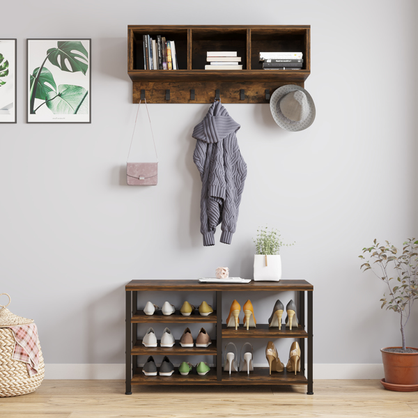 Coat Rack Shoe Bench Set, Hall Tree with Shoe Bench, Industrial Shoe Rack Bench with Coat Rack,  7 Hooks for Entryway, Hallway, 5-in-1Design, Brown