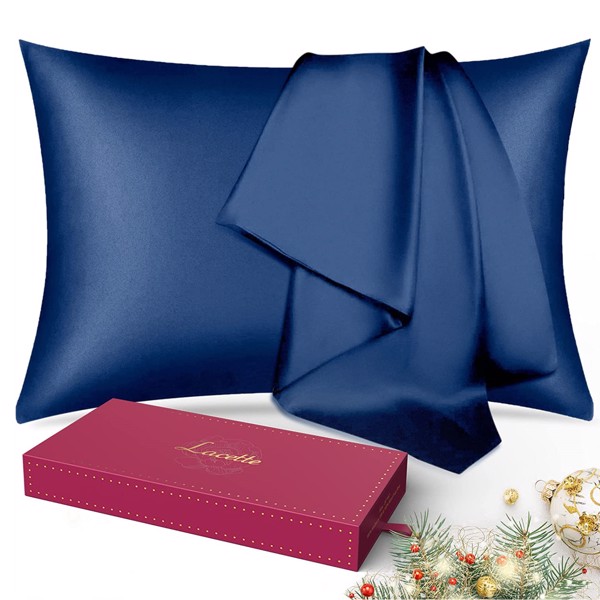 Lacette Silk Pillowcase 1 Pack for Hair and Skin, Mulberry Silk, Double-Sided Silk Pillow Cases with Hidden Zipper (Navy Blue, King 20&quot; x 36&quot;)