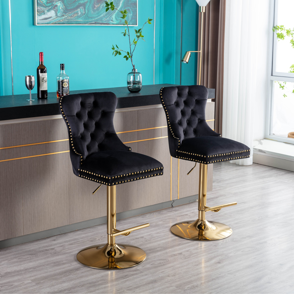 set of 2 Swivel Bar Stools Chair Set of 2 Modern Adjustable Counter Height Bar Stools, Velvet Upholstered Stool with Tufted High Back &amp; Ring Pull for Kitchen , Chrome Golden Base, Black