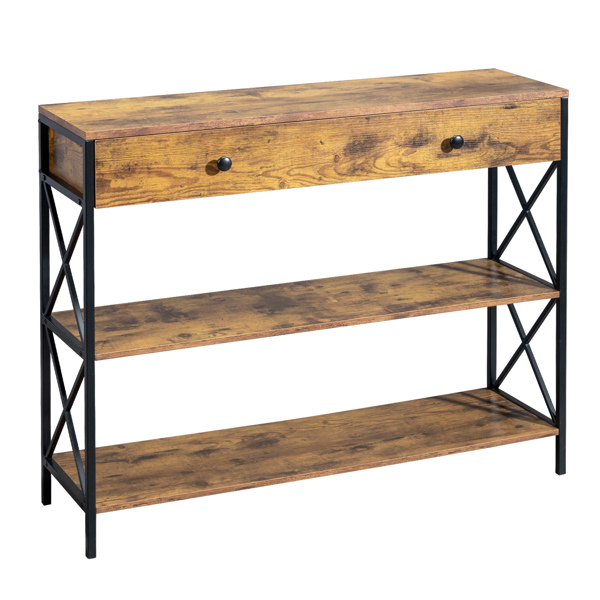 3 Tier Console Table for Entryway with Drawer and 2 Open Storage, Industrial Sofa Table with Storage for Living Room, Narrow Console Table with X Design, Sturdy and Durable