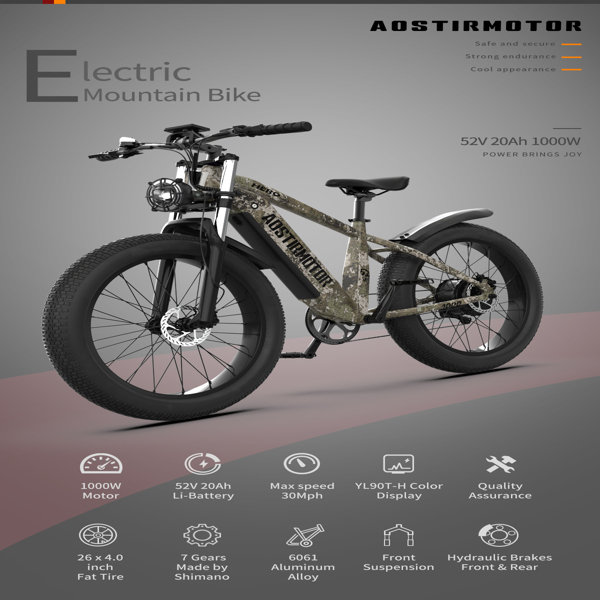 E-bike 26&quot;1000W Electric Bike 52V 20Ah battery SAMSUNG All-terrain EBike Mountain BicycleCamouflage
