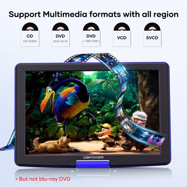 DBPOWER 17.9&quot; Portable DVD Player with 15.6&quot; Large HD Swivel Screen, 6 Hour Rechargeable Battery, Support USB/SD and Multiple Disc Formats, High Volume Speaker, Car Charger, Remote Control, Blue