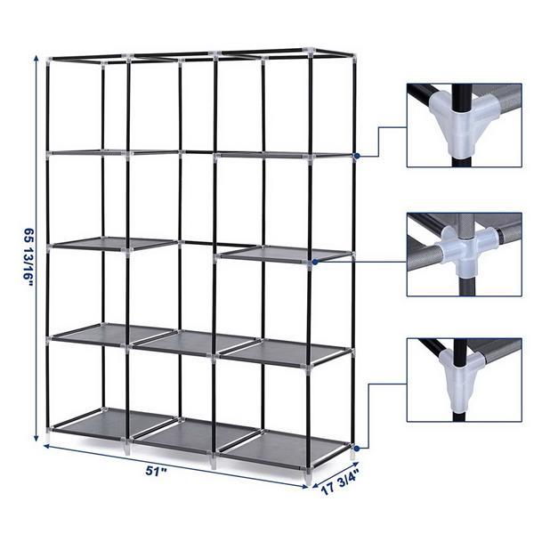 67&quot; Portable Closet Organizer Wardrobe Storage Organizer with 10 Shelves Quick and Easy to Assemble Extra Space Gray