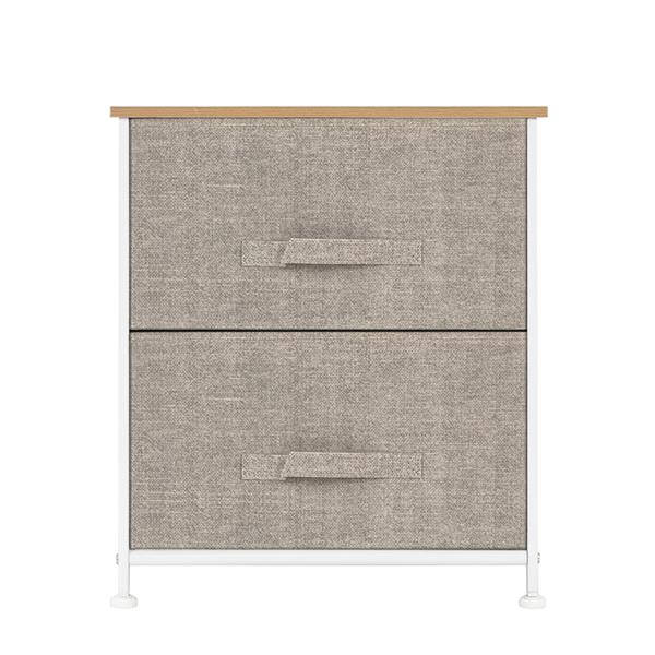 2 Drawers -Night Stand, End Table Storage Tower - Sturdy Steel Frame, Wood Top, Easy Pull Fabric Bins - Organizer Unit For Bedroom, Hallway, Entryway, Closets - Textured Print, Linen / Natural