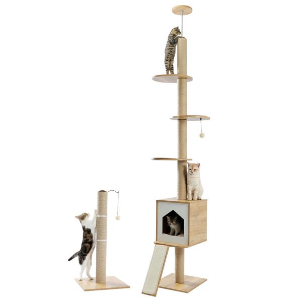 Cat Tree Floor-to-Ceiling Cat Tower Cat Activity Center with Sisal Scratching Post and Cat Condo, Ramp Ladder, Multi-Level Platforms Adjustable Height (Minimum Retail Price for US: USD 139.99)