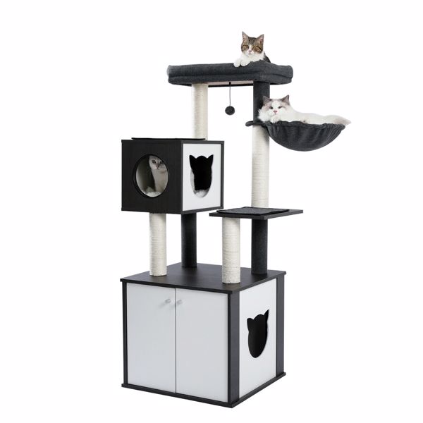 All-in-One Multi-Functional Cat Tree Modern Wood Cat Tower with Cat Washroom Litter Box House, Cat Condo, Top Perch, Large Hammock and Scratching Post Black (Minimum Retail Price for US: USD 189.99)
