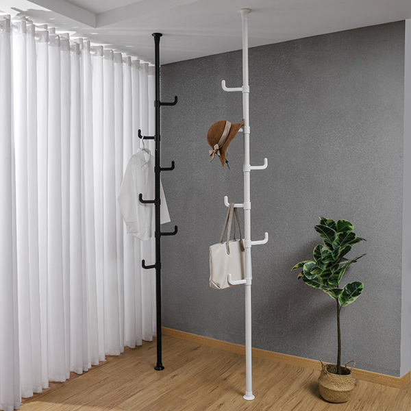Adjustable Laundry Pole Clothes Drying Rack Coat Hanger DIY Floor to Ceiling Tension Rod Storage Organizer for Indoor, Balcony - Black