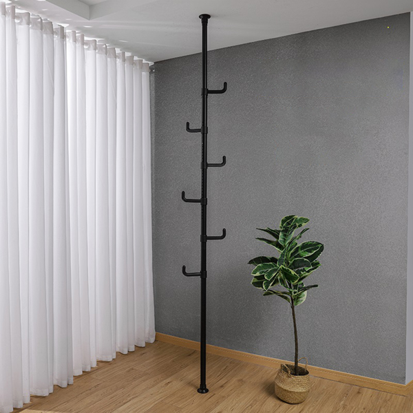 Adjustable Laundry Pole Clothes Drying Rack Coat Hanger DIY Floor to Ceiling Tension Rod Storage Organizer for Indoor, Balcony - Black