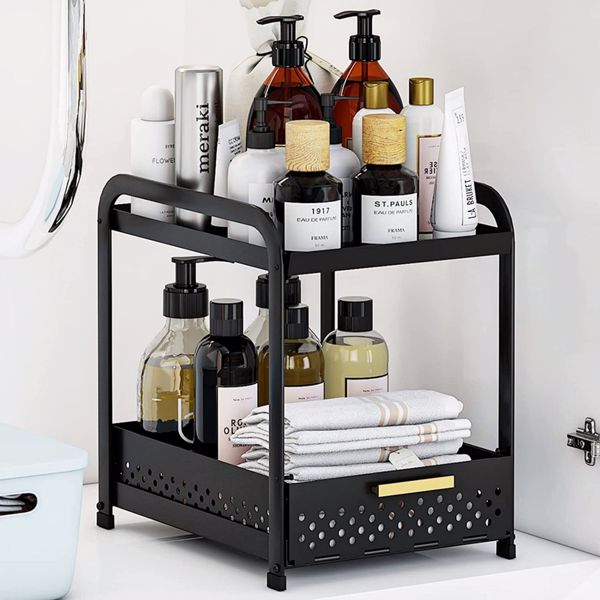 Single Tier Under Sink Storage Rack Kitchen Under Counter Storage Rack Bathroom Under Cabinet Storage Rack Sliding Basket Storage Rack Cosmetic Storage Black