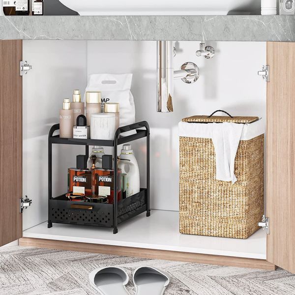 Single Tier Under Sink Storage Rack Kitchen Under Counter Storage Rack Bathroom Under Cabinet Storage Rack Sliding Basket Storage Rack Cosmetic Storage Black