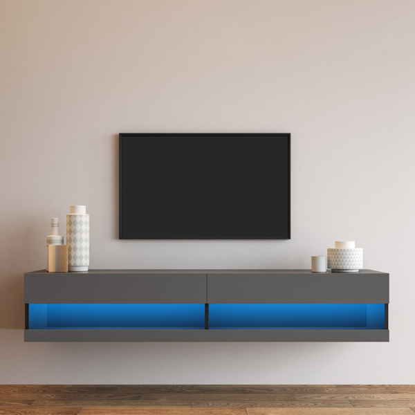 180 Wall Mounted Floating 80&quot; TV Stand with 20 Color LEDsblack+grey