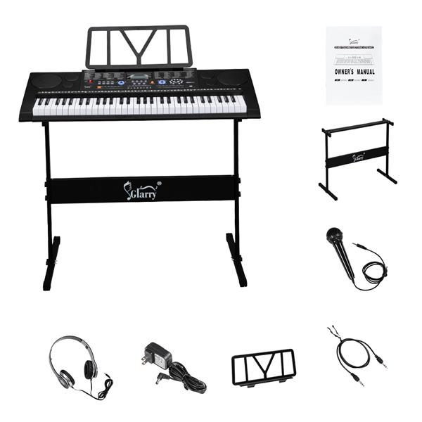 [Do Not Sell on Amazon]Glarry GEP-102 61 Key Portable Keyboard with Piano Stand, Built In Speakers, Headphone, Microphone, Music Rest, LCD Screen, USB Port &amp; Teaching Modes for Beginners