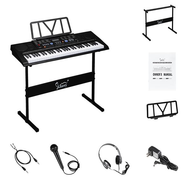 [Do Not Sell on Amazon]Glarry GEP-102 61 Key Portable Keyboard with Piano Stand, Built In Speakers, Headphone, Microphone, Music Rest, LCD Screen, USB Port &amp; Teaching Modes for Beginners
