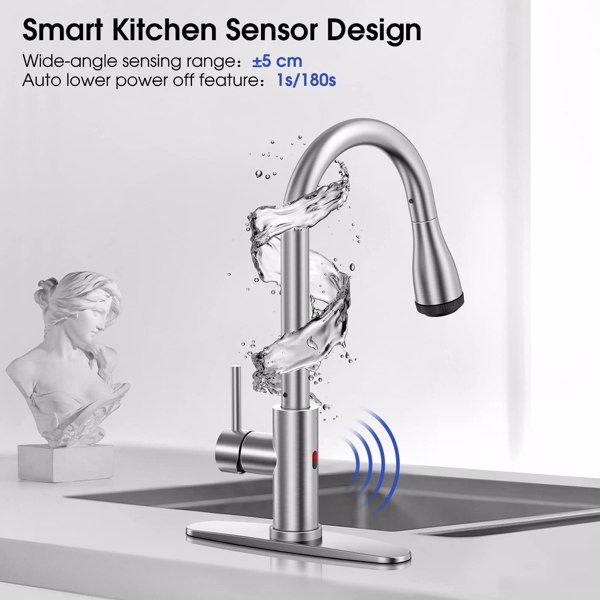Touchless Kitchen Faucet-Smart Kitchen Sink Faucet sensor, 4Mode Pull Down Kitchen Sprayer, Fingerprint Resistant, Dual Temp. Handle with 1/3 Hole Deck Plate, Stainless Steel, Brushed Nickel