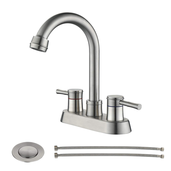 Bathroom Faucet with Pop-Up Sink Drain, Brushed Nickel Bathroom Sink Faucet 3-Hole Stainless Steel High Arc, Supply Utility Hose for Laundry Vanity Sink Faucet 2 Handle with Overflow