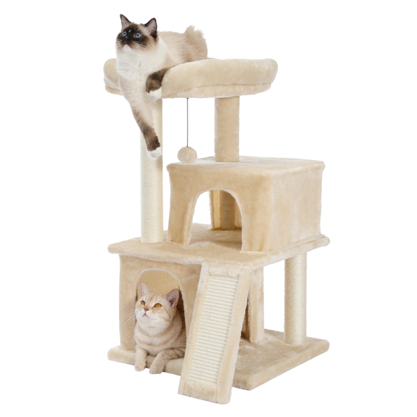 Modern Small Cat Tree Cat Tower With Double Condos Spacious Perch Sisal Scratching PostsClimbing Ladder and Replaceable Dangling Balls Beige (Minimum Retail Price for US: USD 79.99)