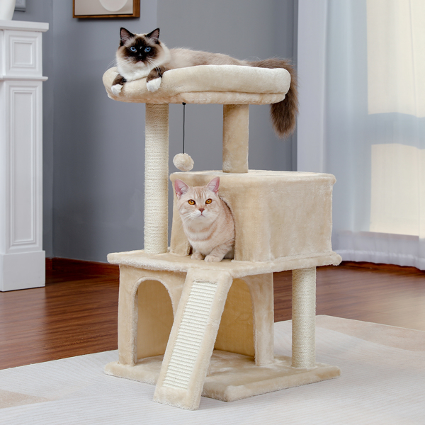 Modern Small Cat Tree Cat Tower With Double Condos Spacious Perch Sisal Scratching PostsClimbing Ladder and Replaceable Dangling Balls Beige (Minimum Retail Price for US: USD 79.99)