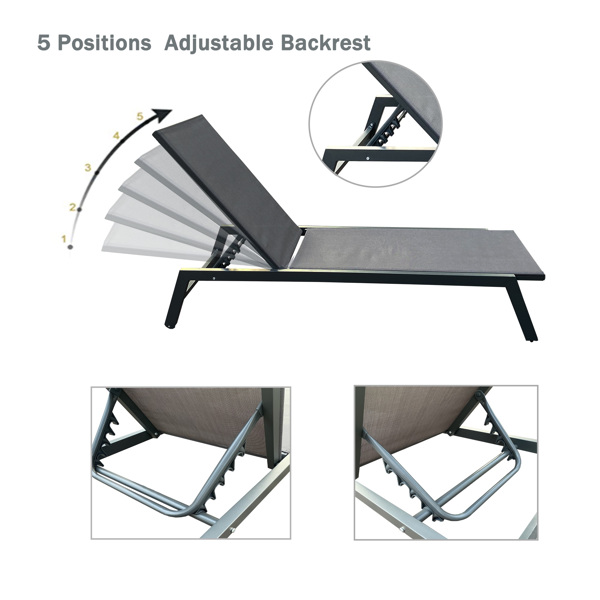Outdoor 2-Pcs Set Chaise Lounge Chairs, Five-Position Adjustable Aluminum Recliner,All Weather For Patio, Beach, Yard, Pool ( Gray Frame/ Dark Gray fabric)
