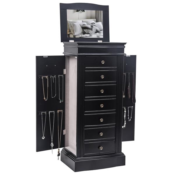 Jewelry Armoire with Mirror, 7 Drawers &amp; 24 Necklace Hooks, 2 Side Swing Doors(Black)