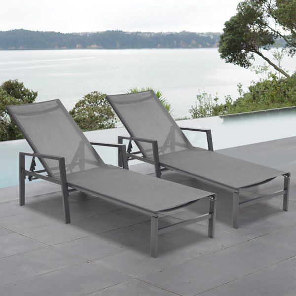 Outdoor 2-Pcs Set Chaise Lounge Chairs, Five-Position Adjustable Aluminum Recliner With Armrests,All Weather For Patio, Beach, Yard, Pool  Gray