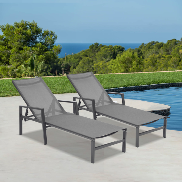 Outdoor 2-Pcs Set Chaise Lounge Chairs, Five-Position Adjustable Aluminum Recliner With Armrests,All Weather For Patio, Beach, Yard, Pool  Gray