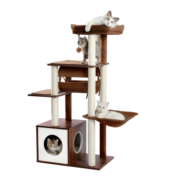 Modern Cat Tree 6 Levels Wooden Cat Tower with Sisal Scratching Posts, Roomy Condo, Spacious Perch, Super Large Hammock and Swing Tunnel for Indoor Cats Brown (Minimum Retail Price for US: USD 149.99