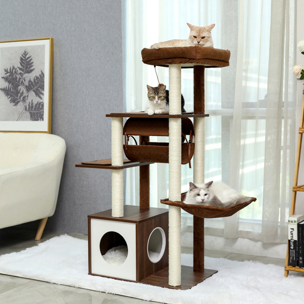 Modern Cat Tree 6 Levels Wooden Cat Tower with Sisal Scratching Posts, Roomy Condo, Spacious Perch, Super Large Hammock and Swing Tunnel for Indoor Cats Brown (Minimum Retail Price for US: USD 149.99