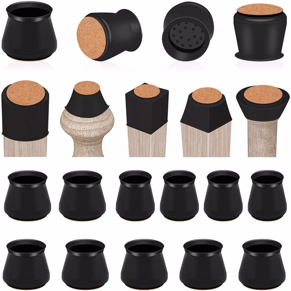 Chair Leg Floor Protector Square16PCS, Black Silicone Chair Legs Caps Protectors for Hardwood Floors with Anti-Slip Felt Pads 8* Round &amp; 8* square