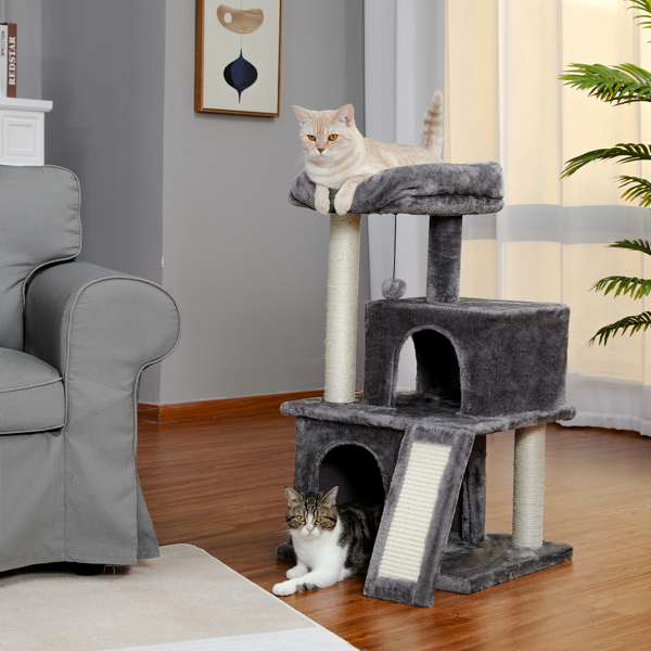 Modern Small Cat Tree Cat Tower With Double Condos Spacious Perch Sisal Scratching PostsClimbing Ladder and Replaceable Dangling Balls Grey (Minimum Retail Price for US: USD 79.99)