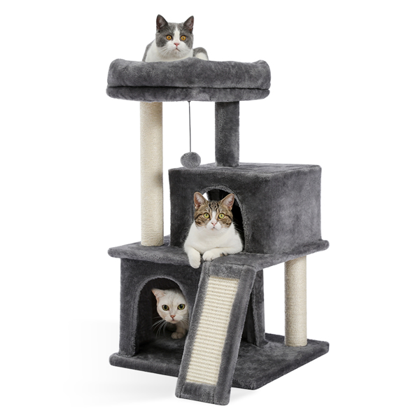 Modern Small Cat Tree Cat Tower With Double Condos Spacious Perch Sisal Scratching PostsClimbing Ladder and Replaceable Dangling Balls Grey (Minimum Retail Price for US: USD 79.99)