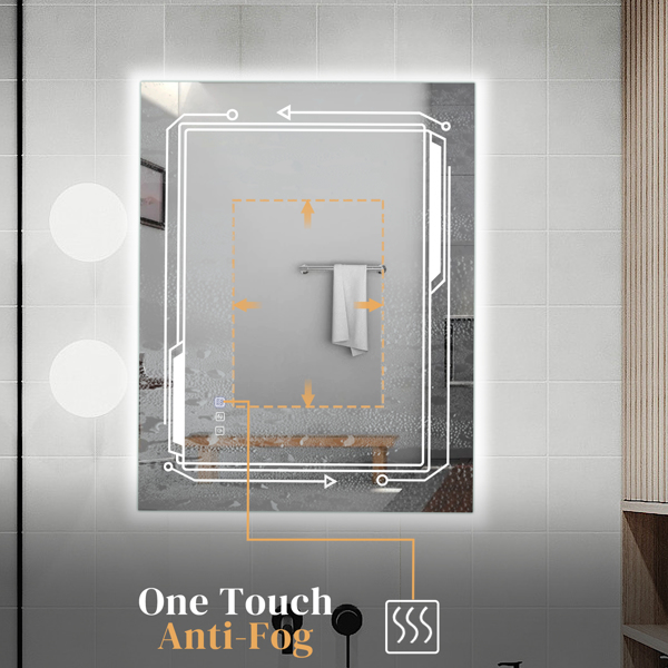 FCH 28*20in Geometric Elements Aluminum Alloy Rectangular Built-In Light Strip With Anti-Fog Touch Adjustable Brightness Power-Off Memory Three-Tone Lighting Bathroom Mirror Silver