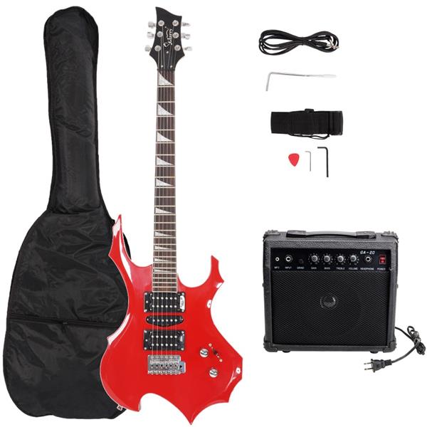 [Do Not Sell on Amazon]Glarry Flame Shaped Electric Guitar with 20W Electric Guitar Sound HSH Pickup Novice Guitar   Audio   Bag   Strap   Picks   Shake   Cable   Wrench Tool Red