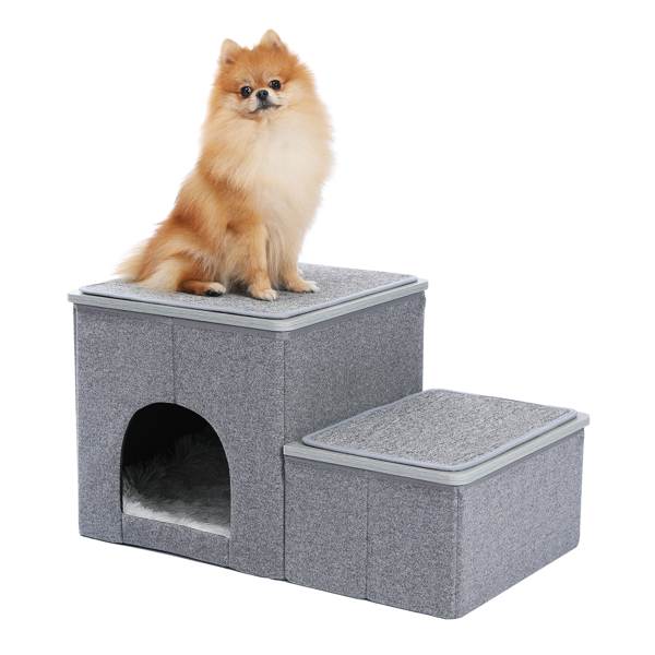 Foldable Pet stairs 2 steps for dogs puppies, Multi-functional Dog stairs for bed or car with kennel &amp; storage box, Useful 2 steps ladder ramp for cats dogs Grey