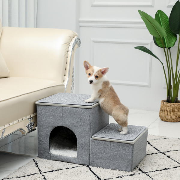 Foldable Pet stairs 2 steps for dogs puppies, Multi-functional Dog stairs for bed or car with kennel &amp; storage box, Useful 2 steps ladder ramp for cats dogs Grey