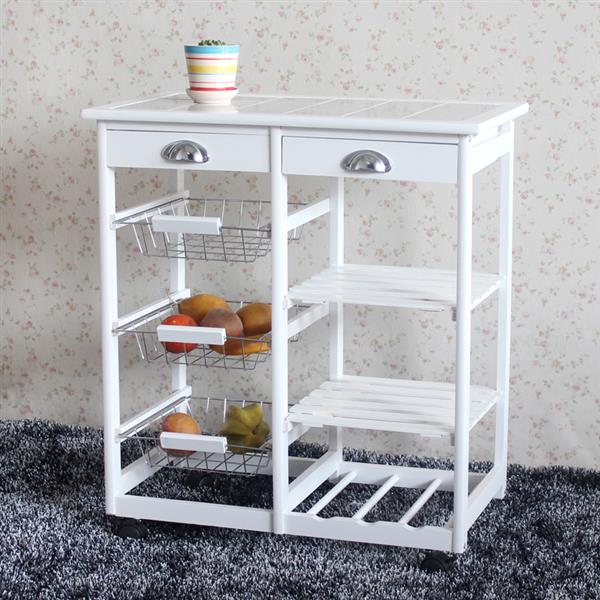 Kitchen &amp; Dining Room Cart 2-Drawer 3-Basket 3-Shelf Storage Rack with Rolling Wheels White
