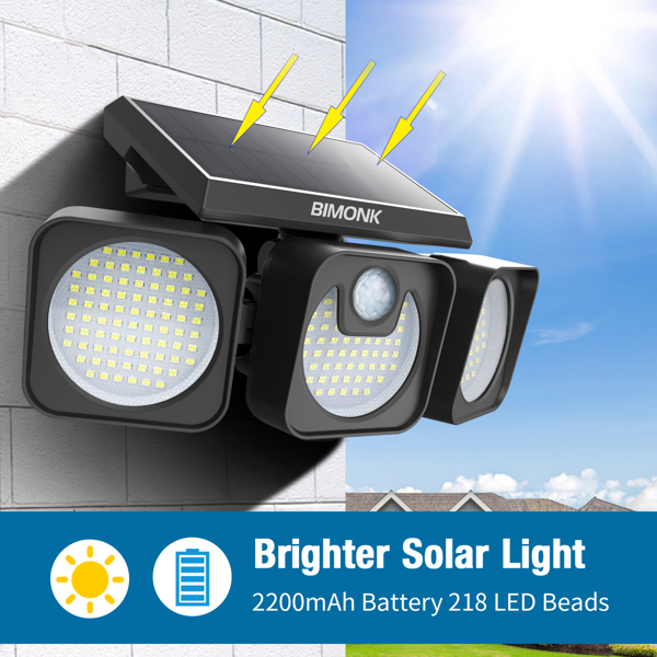 Solar Flood Light Outdoor 218 LED 2000LM, 6500K - 270Adjustable 3 Heads Solar Light, Motion Sensor 26ft, Waterproof IP65 Solar Powered