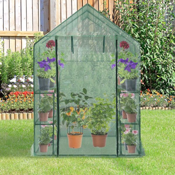 Green House 56&quot; W x 56&quot; D x 76&quot; H,Walk in Outdoor Plant Gardening Greenhouse 2 Tiers 8 Shelves - Window and Anchors Include(Green)