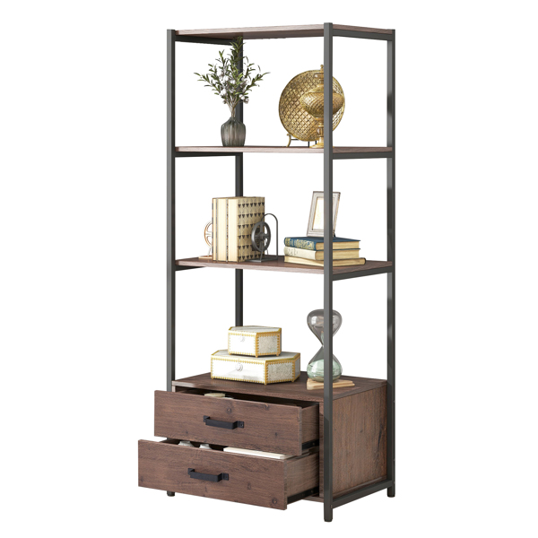 Home Office 4-Tier Bookshelf, Simple Industrial Bookcase Standing Shelf Unit Storage Organizer with 4 Open Storage Shelves and Two Drawers, Brown