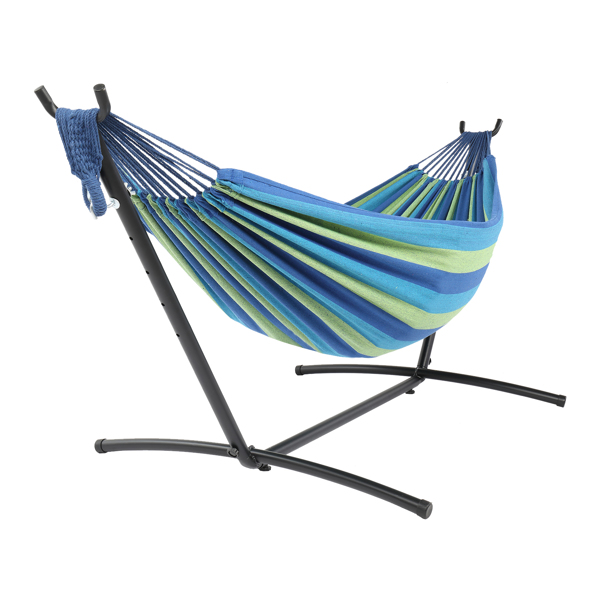 9ft Black Steel Pipe Hammock Frame with 200*150cm Polyester Cotton Hammock Blue Green Strip Blue Rope Iron Hammock   Set