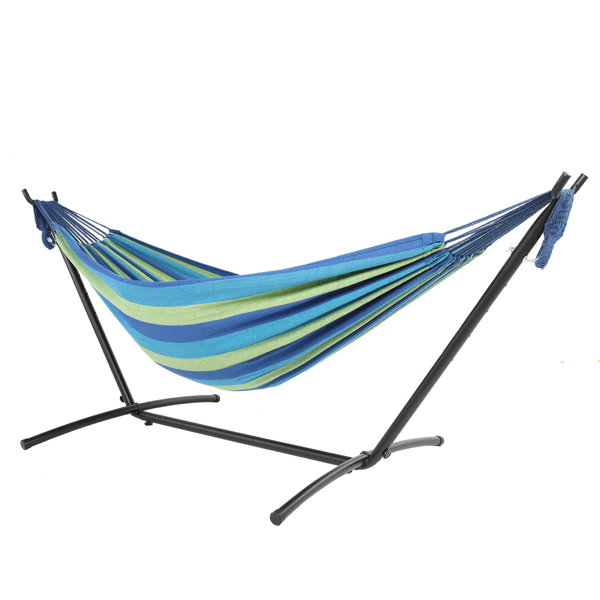 9ft Black Steel Pipe Hammock Frame with 200*150cm Polyester Cotton Hammock Blue Green Strip Blue Rope Iron Hammock   Set