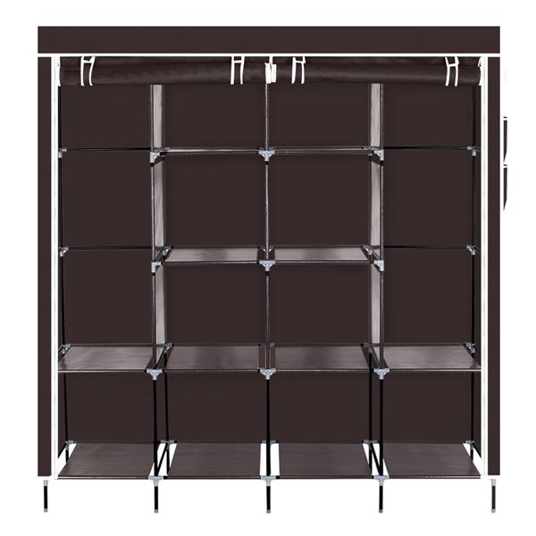 67&quot; Clothes Closet Portable Wardrobe Clothes Storage Rack 12 Shelves 4 Side Pockets Dark Brown
