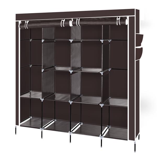 67&quot; Clothes Closet Portable Wardrobe Clothes Storage Rack 12 Shelves 4 Side Pockets Dark Brown