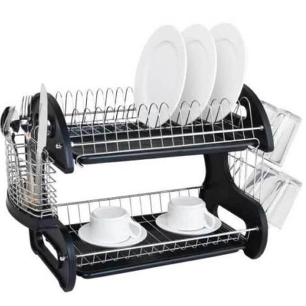 Multifunctional Dual Layers Bowls &amp; Dishes &amp; Chopsticks &amp; Spoons Collection Shelf Dish Drainer Black