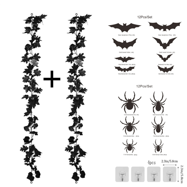 2 Pcs Fall Maple Leaf Garland,Fall Decor,Fall Leaves Garland,5.9ft Strand Hanging Vine Black Garland with 24pcs Spider Bat Sticker 4 hooks for Party Home Fireplace Outdoor