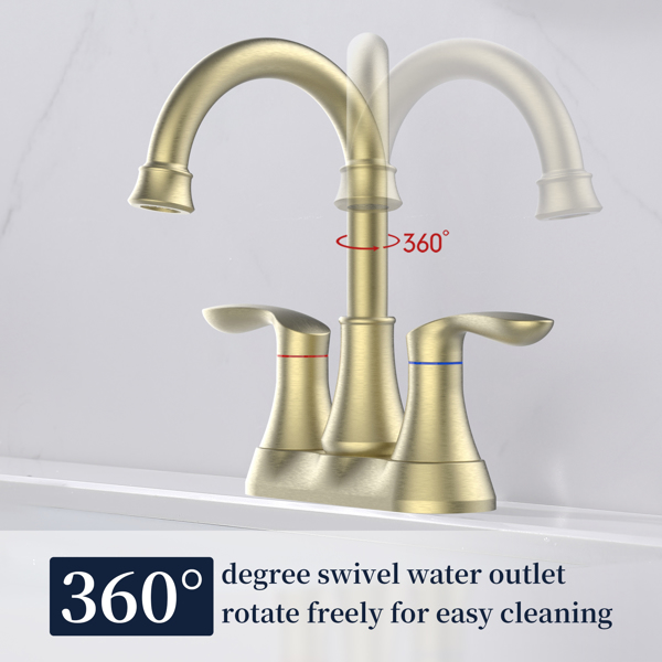 Bathroom Faucet Brushed Gold with Pop up Drain &amp; Supply Hoses 2-Handle 360 Degree High Arc Swivel Spout Centerset 4 Inch Vanity Sink Faucet 4011B-NA