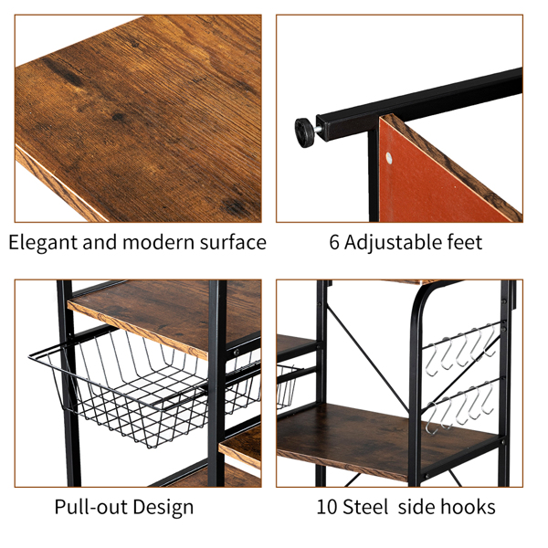 Vintage Kitchen Baker's Rack Utility Storage Shelf 35.5&quot; Microwave Stand 4-Tier 3-Tier Shelf for Spice Rack Organizer Workstation with 10 Hooks